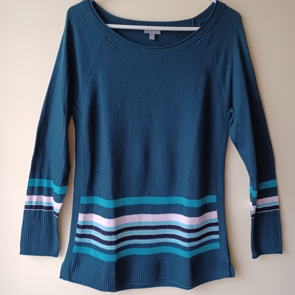 T by Talbots Deep Teal Waffle Knit Stripe Detail Jewel Neck Tunic Sweater - Picture 1 of 12